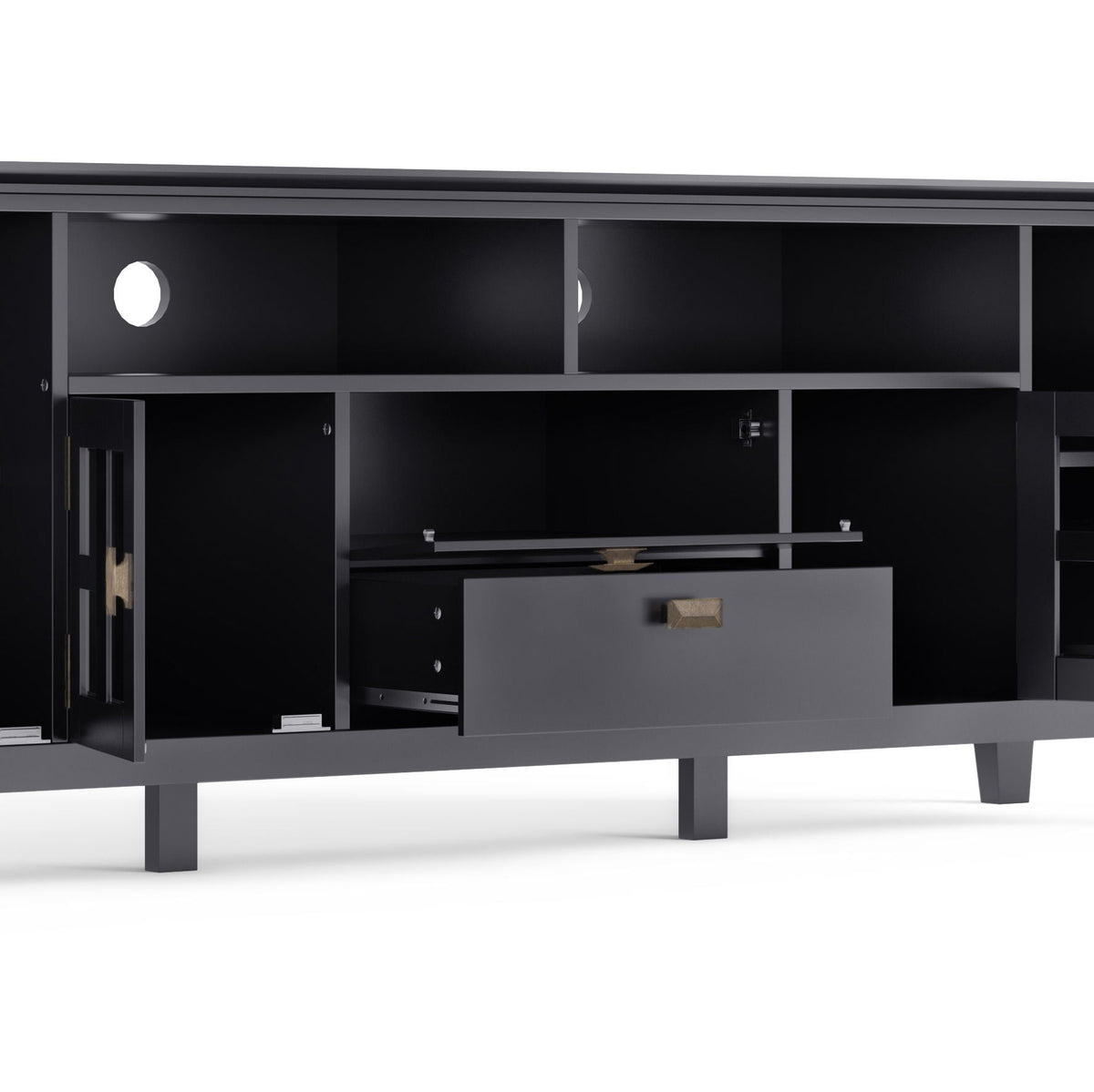 Artisan solid wood TV stand with flip drawer by HouseOfZazla in black finish on Tampa Home & Garden Store