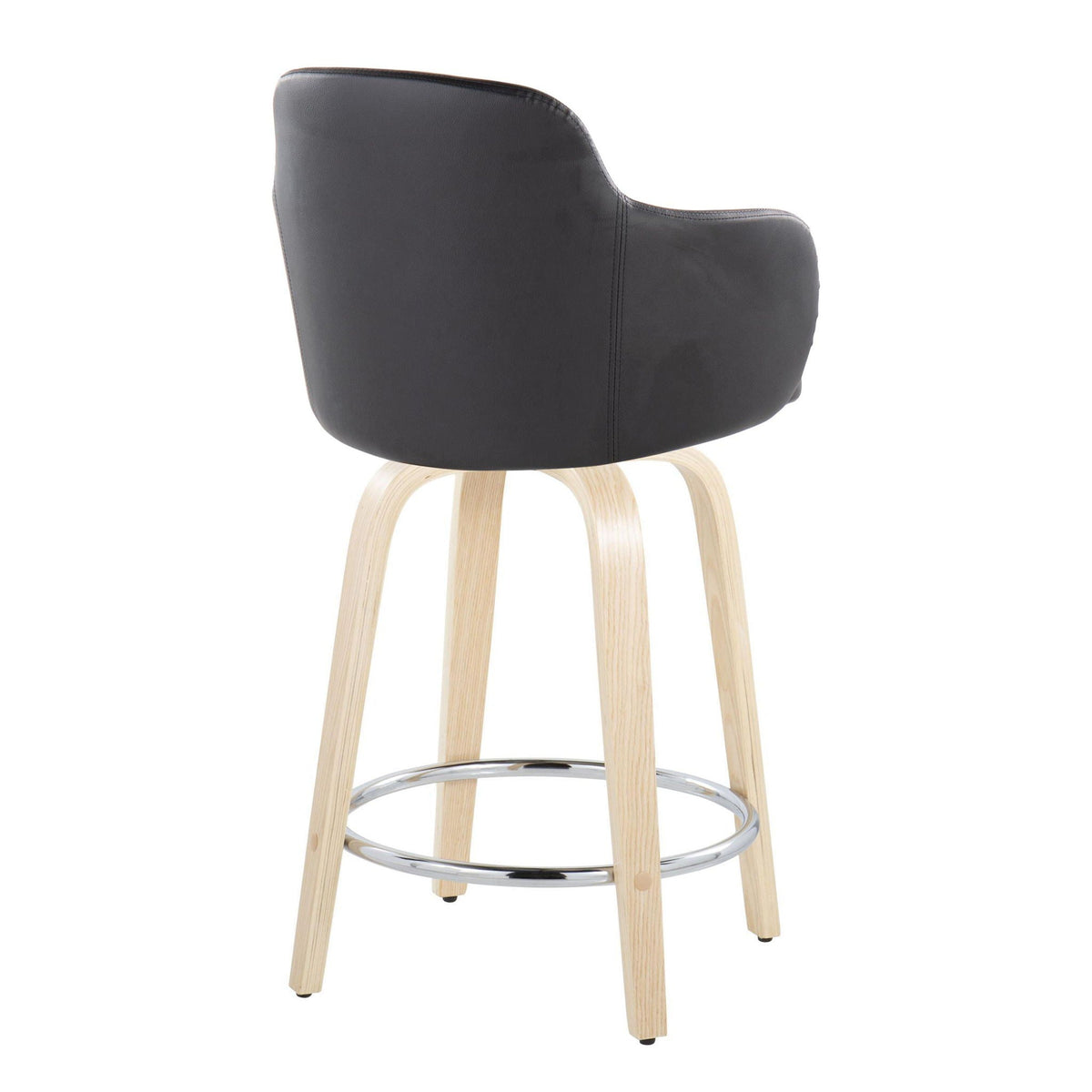 Counter stool with black leatherette seat, swivel chrome footrest, natural wood legs on Tampa Home & Garden Store