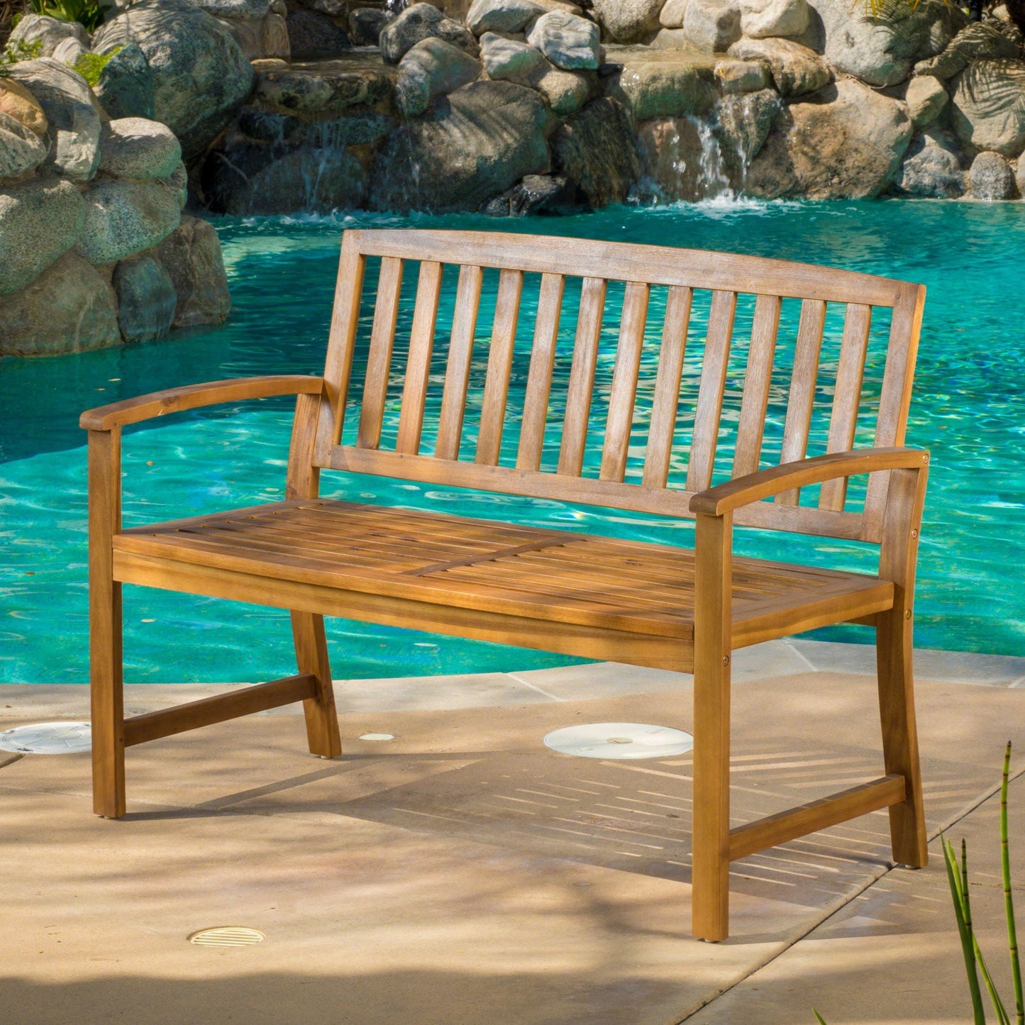 HouseOfZazla Farmhouse Loja outdoor bench pair, wooden slats, curved arms by pool on Tampa Home & Garden Store