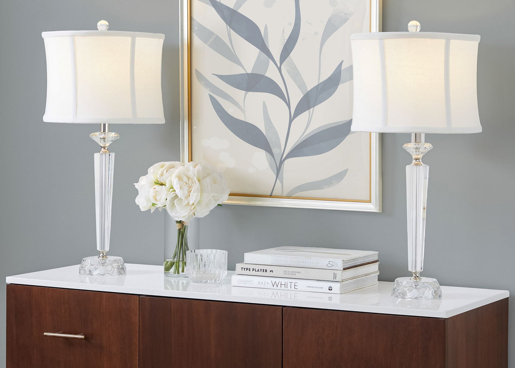 Diamond Torch Crystal Table Lamp set of 2 with clear bases off-white shades polished nickel on Tampa Home & Garden Store