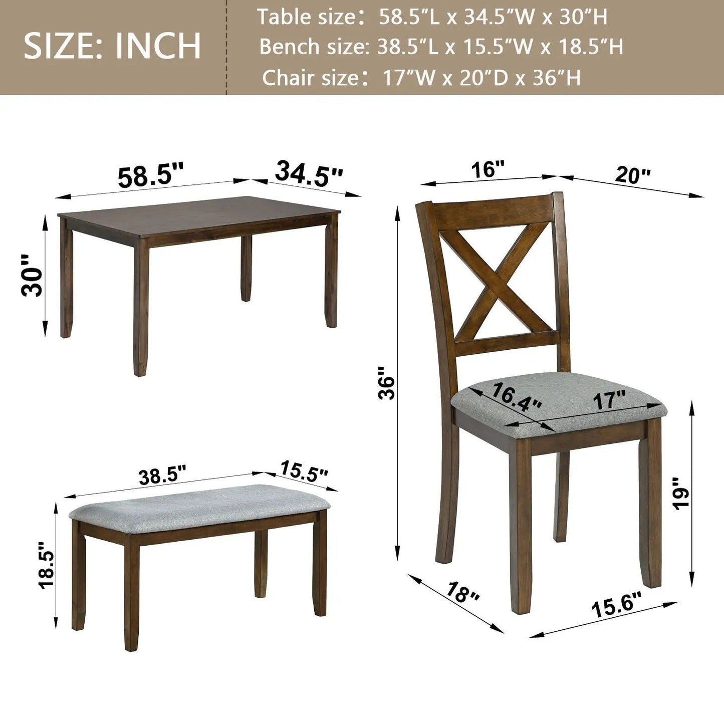 6-Piece dining set with rectangular table, bench and cross-back chairs in oak finish on Tampa Home & Garden Store