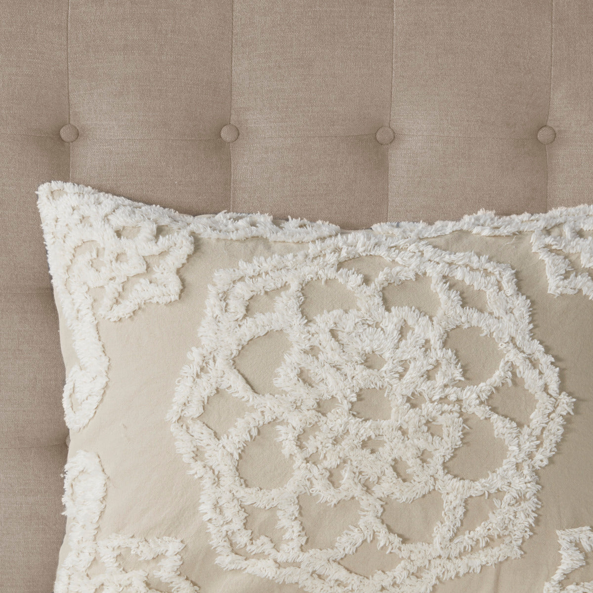 Duvet cover set King/Cal King, tufted cotton with chenille medallion design, beige headboard on Tampa Home & Garden Store