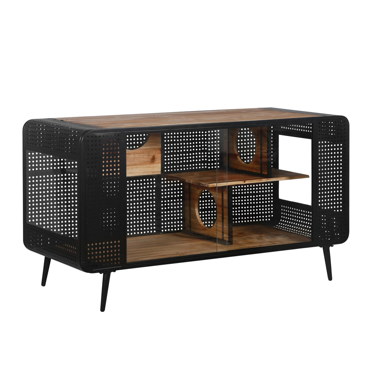 Modern Spacious Cat House black perforated metal frame with brown wood panels on Tampa Home & Garden Store
