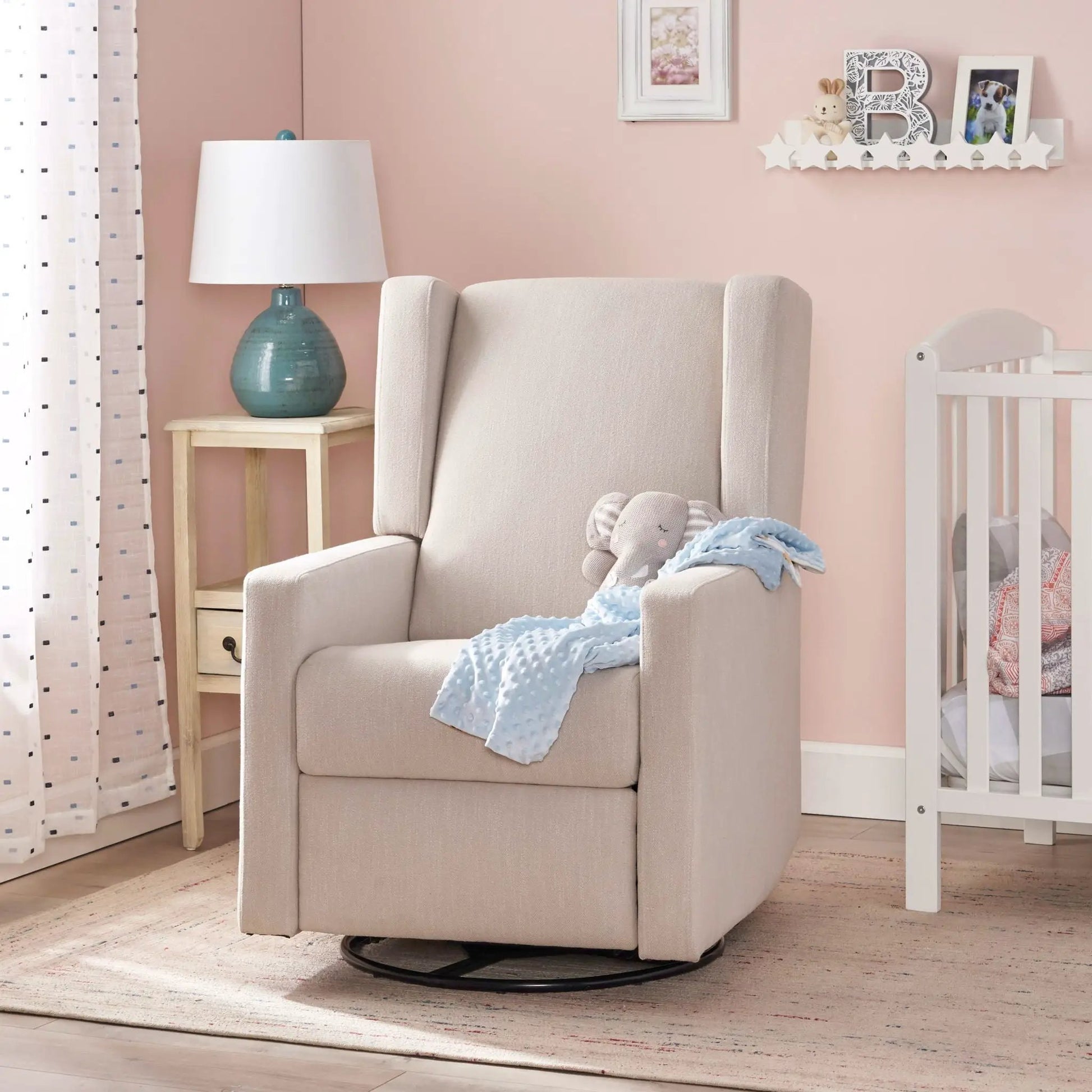 Landau Contemporary Fabric Upholstered Swivel Recliner beige fabric upholstery on Tampa Home & Garden Store