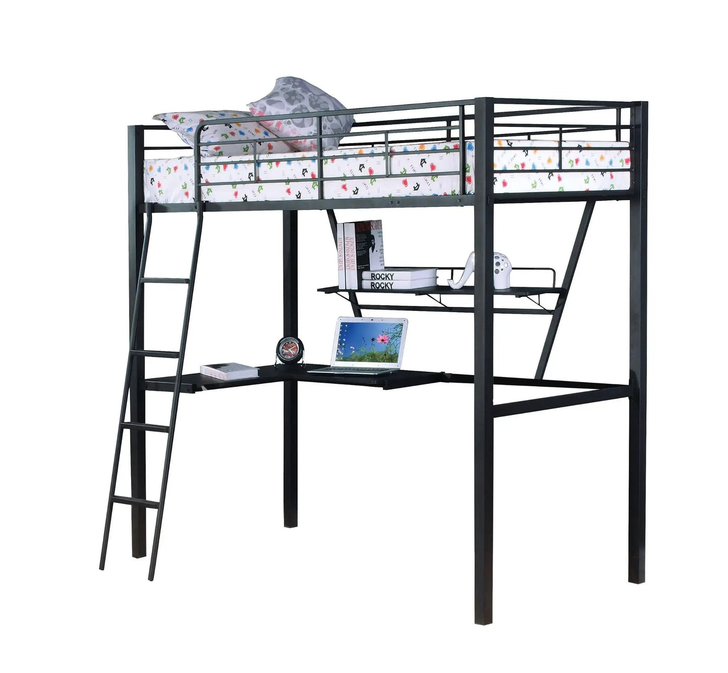 Senon Twin Loft Bed with Desk Black Silver