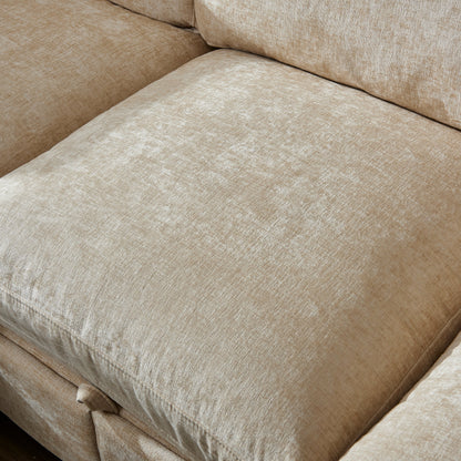 96.5in L-shaped sectional couch with ottoman in beige textured fabric by HouseOfZazla on Tampa Home & Garden Store