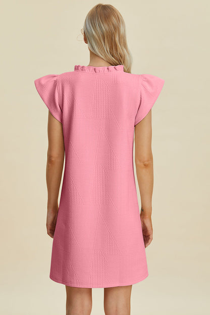 Stevvex Double Take Full Size Ruffled V-Neck Cap Sleeve Dress pink textured geometric back view on Tampa Home & Garden Store