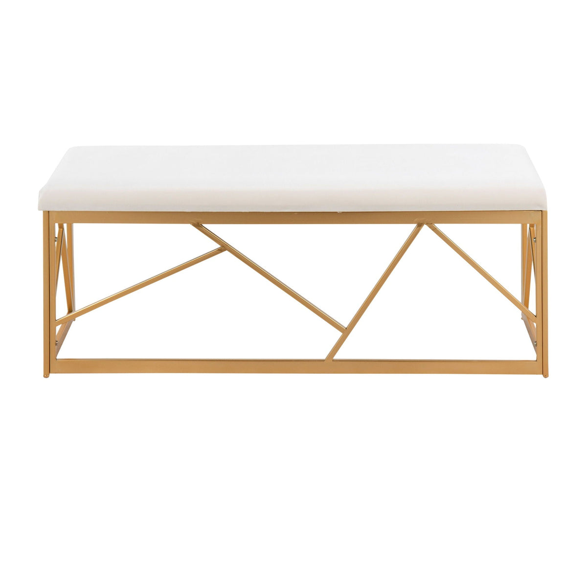 Glam upholstered bench with white cushion and gold geometric metal frame by HouseOfZazla on Tampa Home & Garden Store