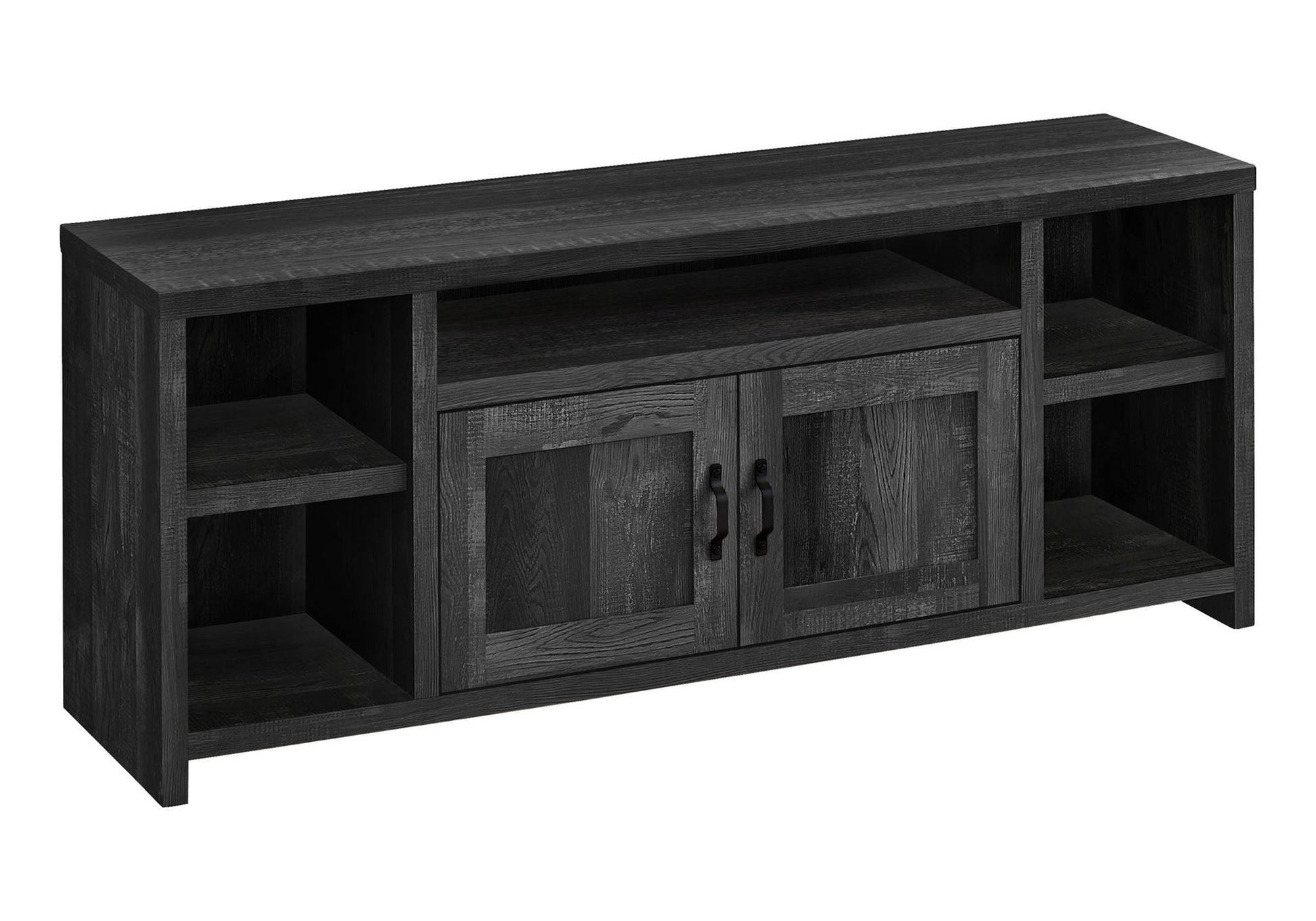 TV stand entertainment unit in dark wood finish with open shelves and cabinet doors HouseOfZazla on Tampa Home & Garden Store