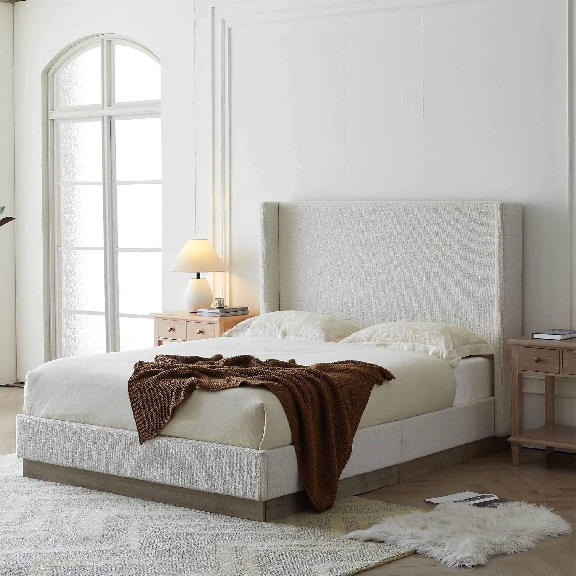 Hale upholstered wingback bed in beige linen with padded headboard and wood base on Tampa Home & Garden Store
