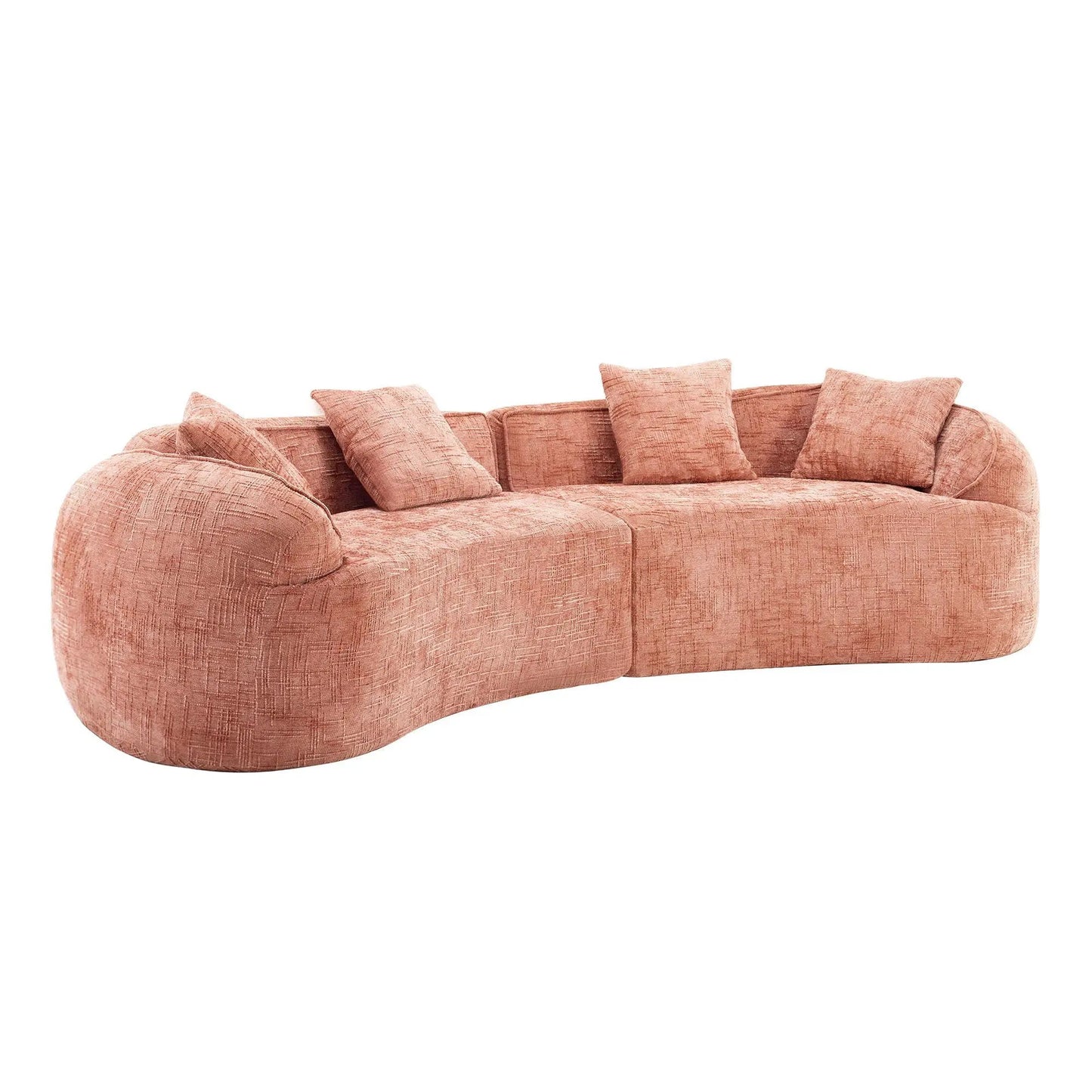 Curved Compressed Sofa, salmon-pink textured fabric with plush cushions, Nordic-style stationary sofa on Tampa Home & Garden Store