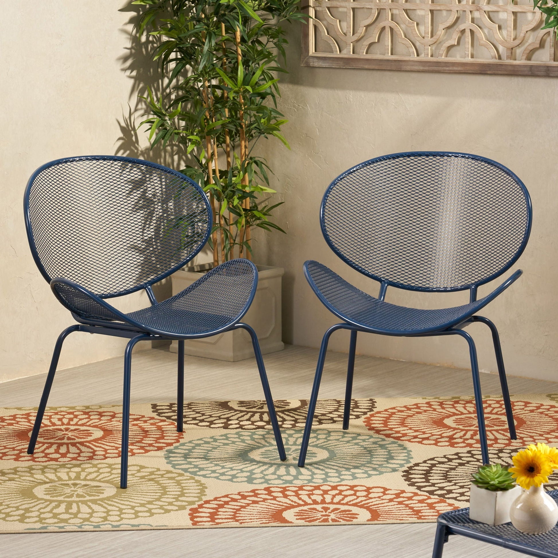 Elba Contemporary Armless Outdoor Chairs by HouseOfZazla, blue metal mesh three-pack on Tampa Home & Garden Store