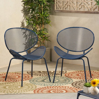 Elba Contemporary Armless Outdoor Chairs by HouseOfZazla, blue metal mesh three-pack on Tampa Home & Garden Store