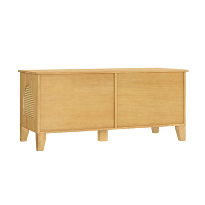 Lars Indoor Rubber Wood Dog Crate Cabinet with natural finish and woven rattan panel on Tampa Home & Garden Store