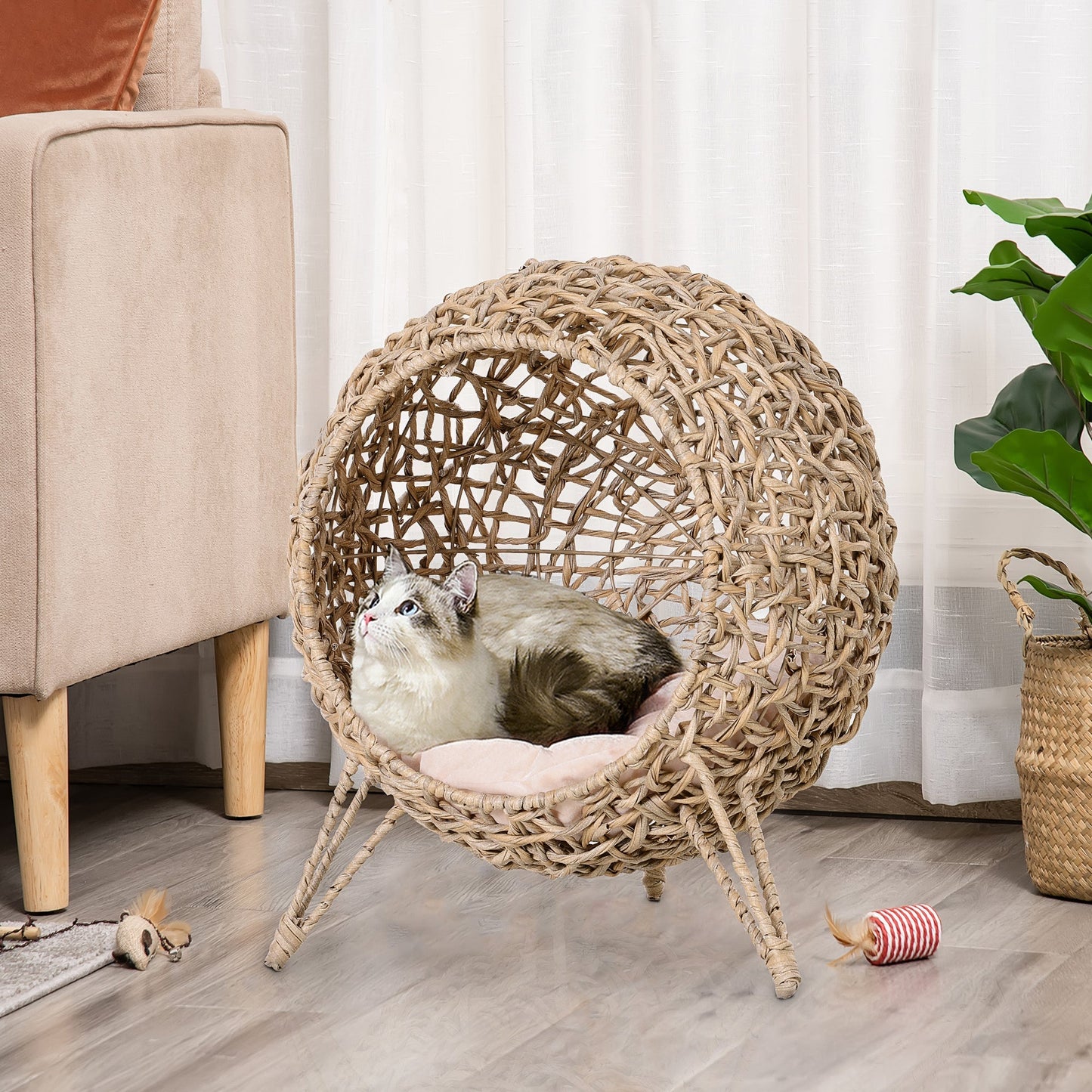 Cat Bed 20.5' Weaved Banana Leaf with Beige Cushion, natural woven cat nest on Tampa Home & Garden Store