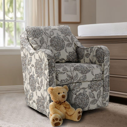 Wide Seat Swivel Arm Chair by HouseOfZazla, 360-degree rotation, gray floral upholstery on Tampa Home & Garden Store