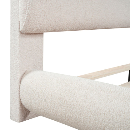 Upholstered platform bed in beige boucle fabric with thick frame and curved silhouette on Tampa Home & Garden Store