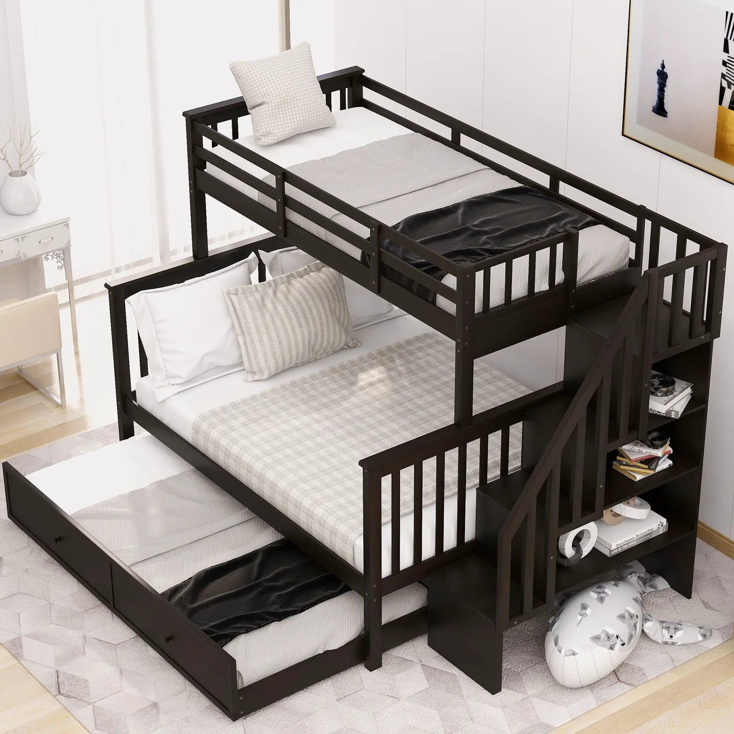 Bunk Bed with Twin Size Trundle and Guard Rail
