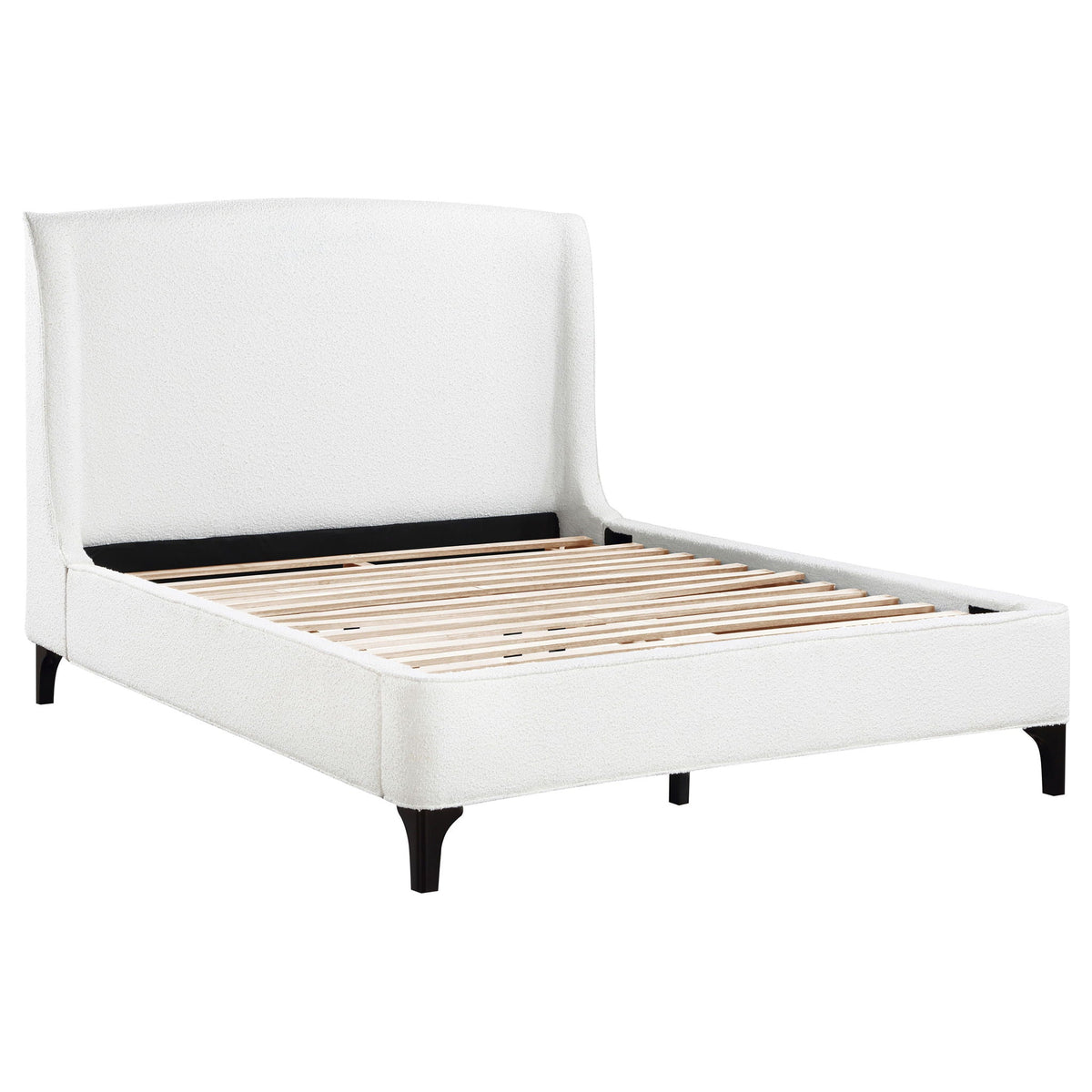 Theodore Wingback Bed HouseOfZazla upholstered in white fabric with wood slat base and black legs on Tampa Home & Garden Store