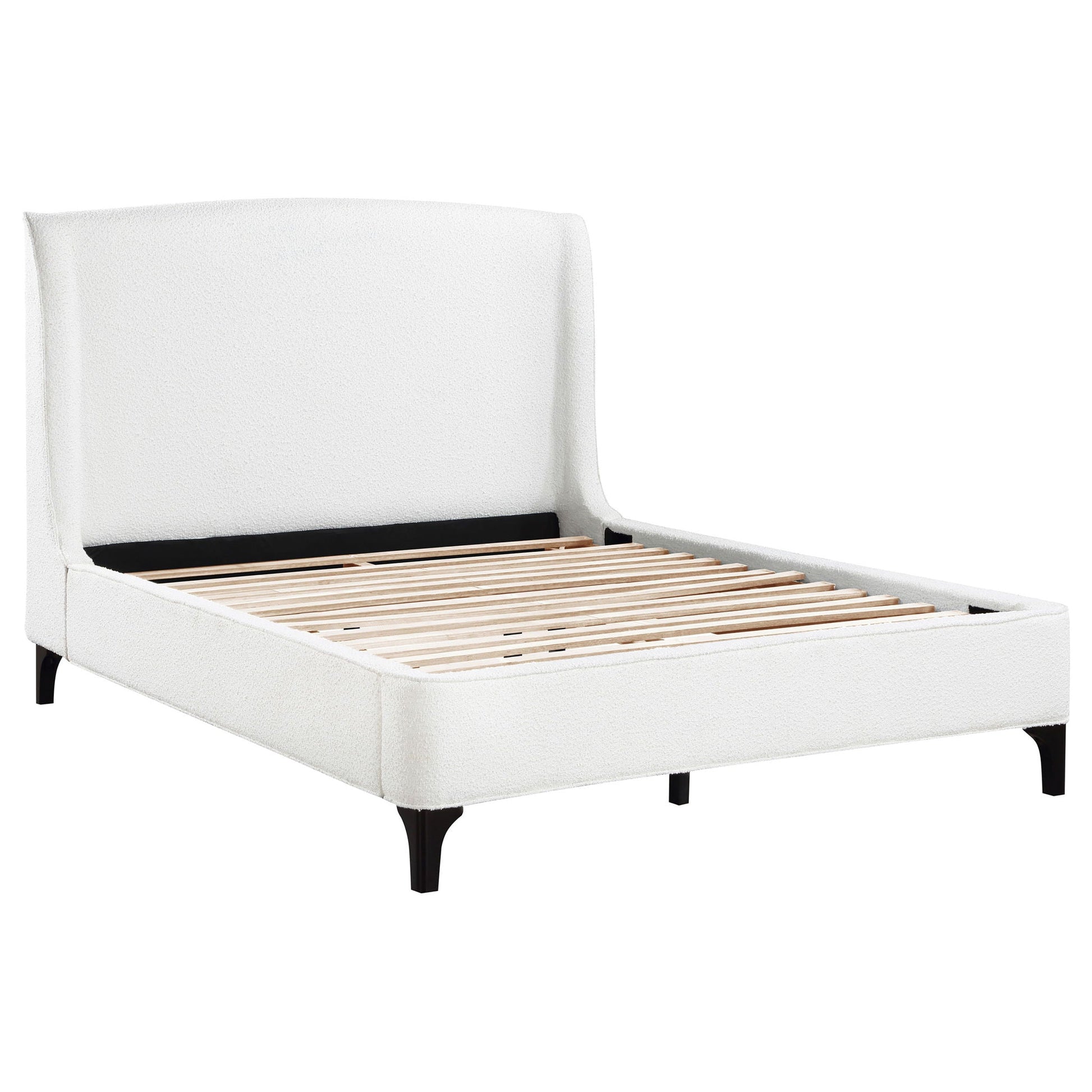 Theodore Wingback Bed HouseOfZazla upholstered in white fabric with wood slat base and black legs on Tampa Home & Garden Store