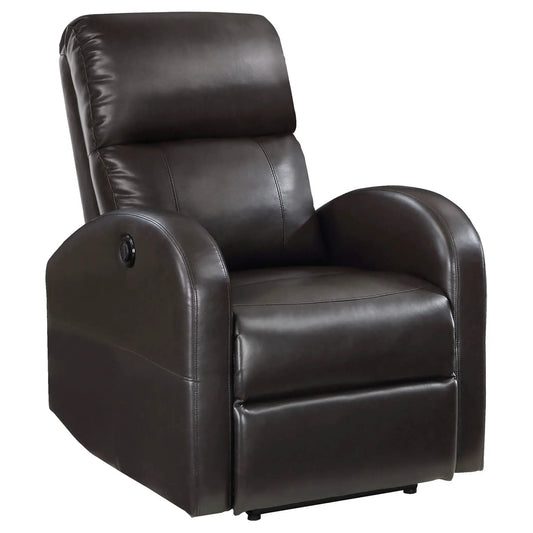 Meglia Power Recliner Chair in dark brown leather with cushioned headrest and armrests on Tampa Home & Garden Store