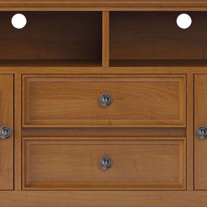 Handcrafted wide TV stand with ample storage in warm oak finish, drawers with ring pulls on Tampa Home & Garden Store