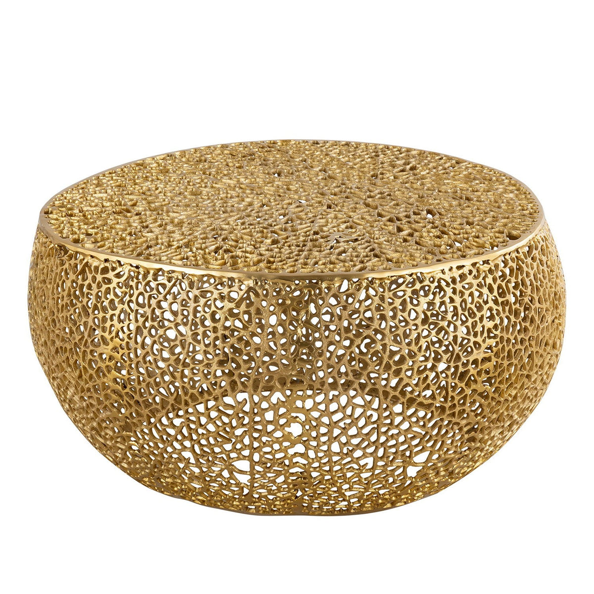 Round coffee table with aluminum frame in gold finish and lattice design by HouseOfZazla on Tampa Home & Garden Store
