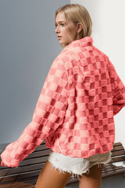 Double Take checkered pink long-sleeve fuzzy jacket by Stevvex for women on Tampa Home & Garden Store