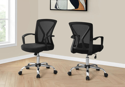 Two black mesh swivel office chairs with chrome bases and casters on Tampa Home & Garden Store