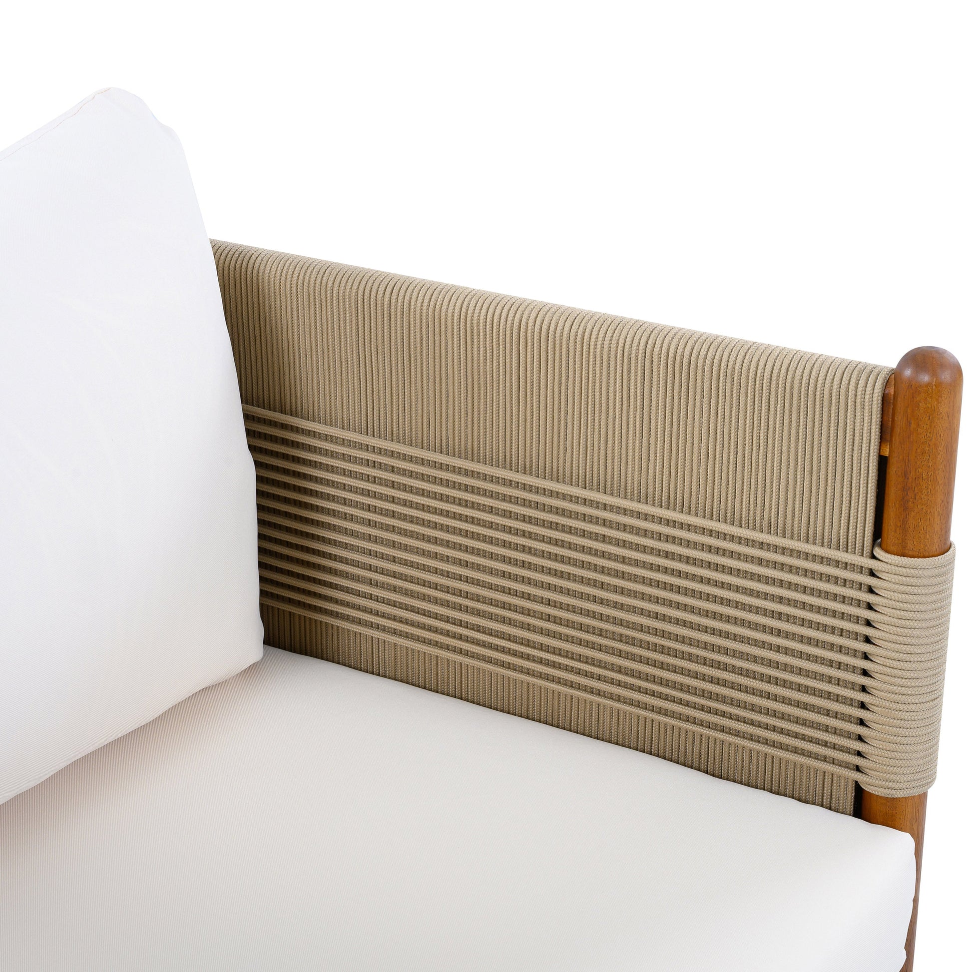 Outdoor Acacia Wood Club Chair with teak finish, beige diamond rope weave and white cushions on Tampa Home & Garden Store