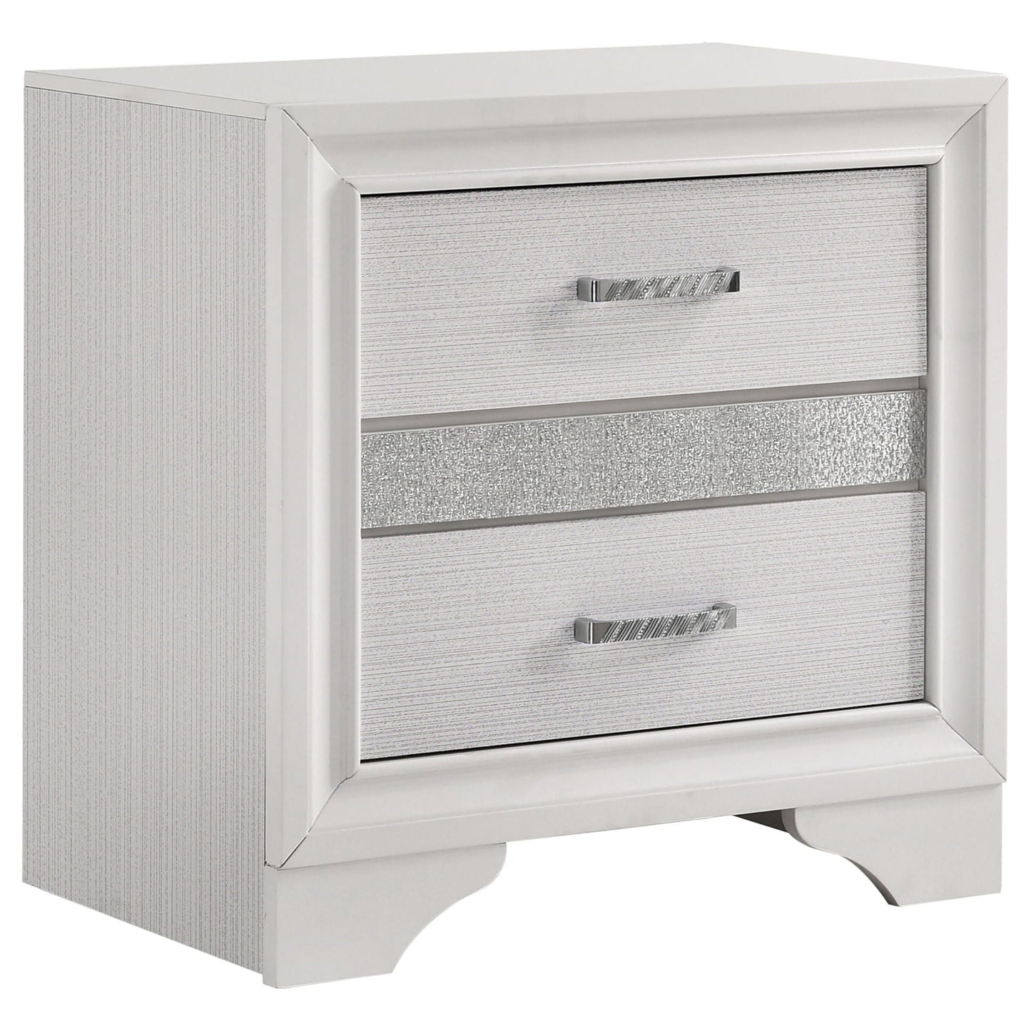 Corbin glittering bedroom nightstand in silver with textured drawer fronts and chrome handle on Tampa Home & Garden Store