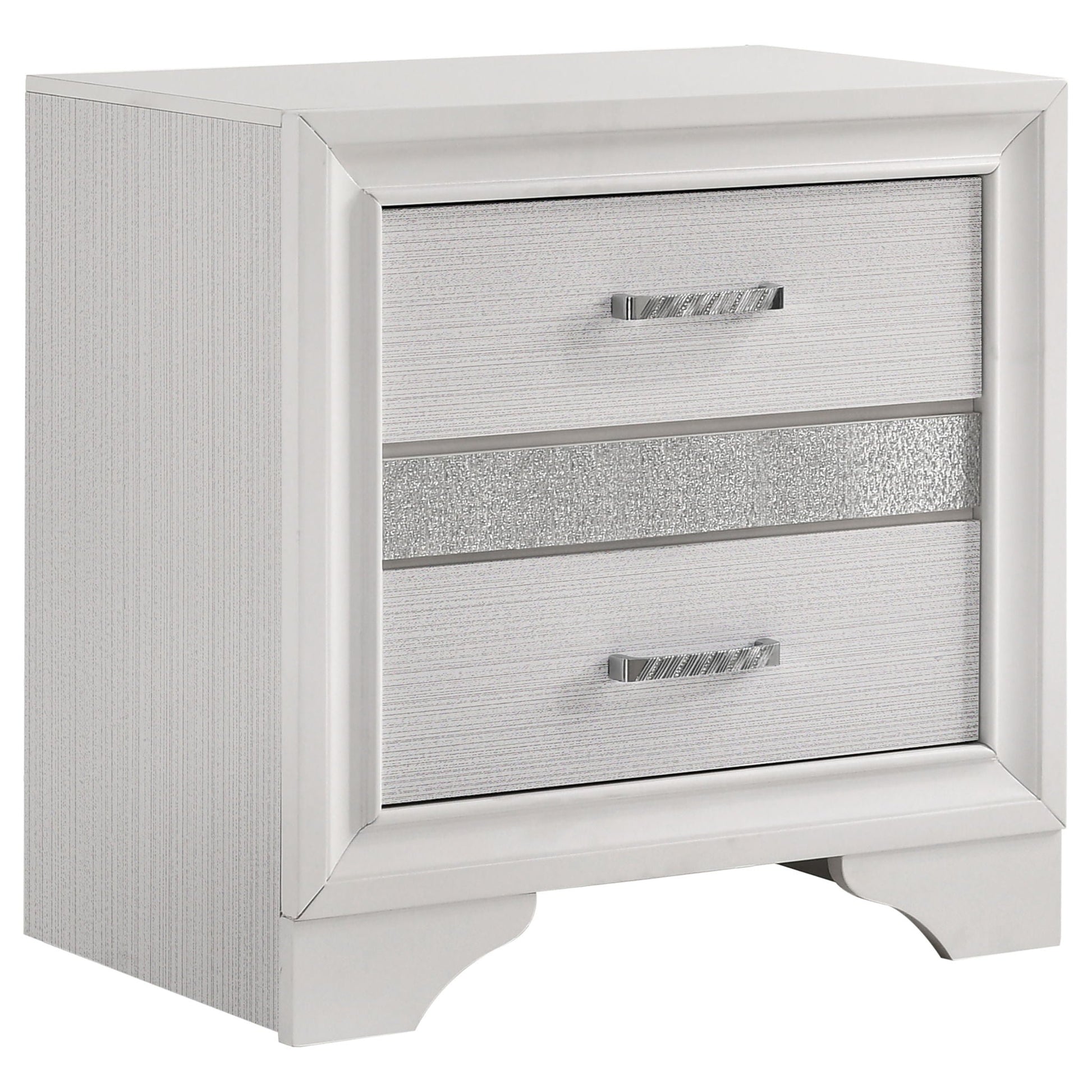 Corbin glittering bedroom nightstand in silver with textured drawer fronts and chrome handle on Tampa Home & Garden Store