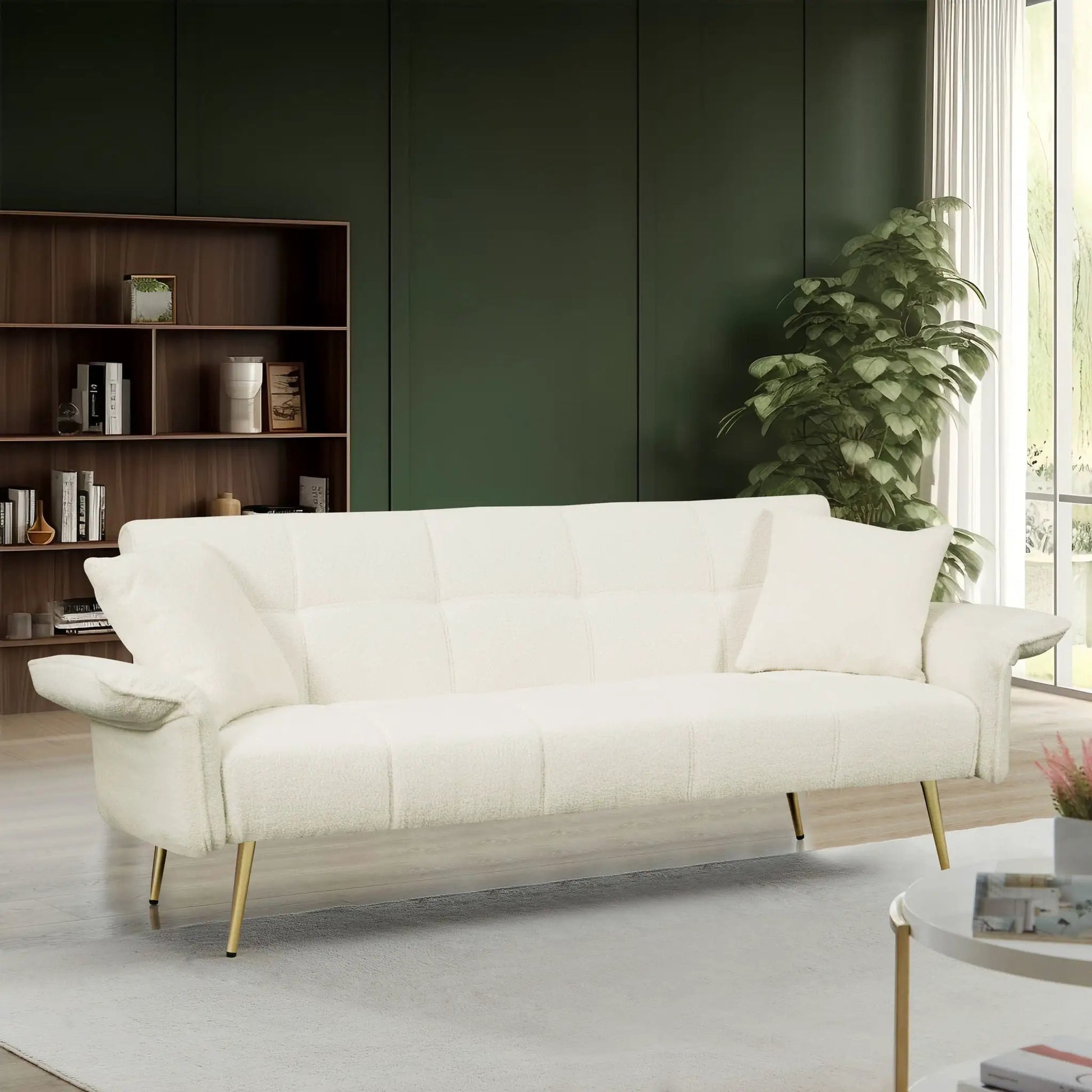 Convertible double futon sofa bed with folding armrests in white fabric for living rooms on Tampa Home & Garden Store