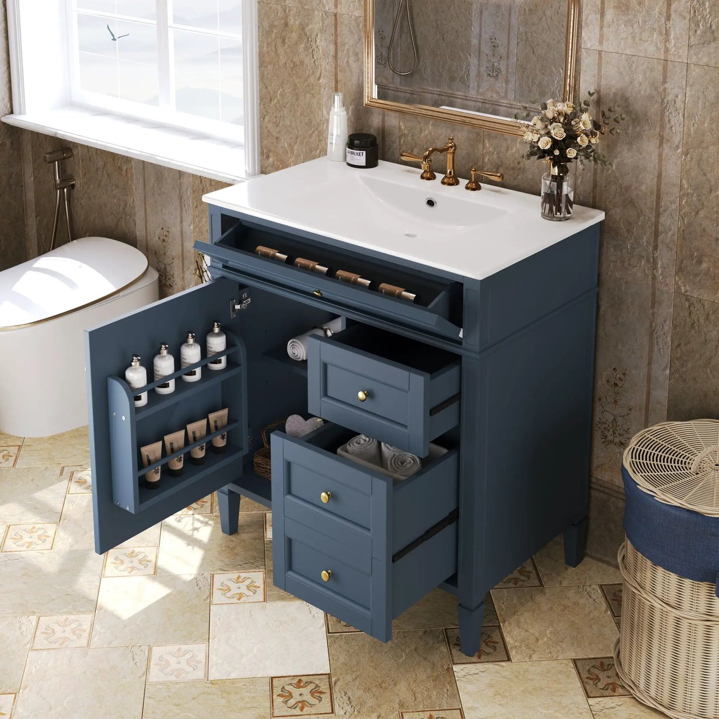 Vanity with top sink, two drawers and tip-out drawer in blue by Unique Piece Furniture on Tampa Home & Garden Store