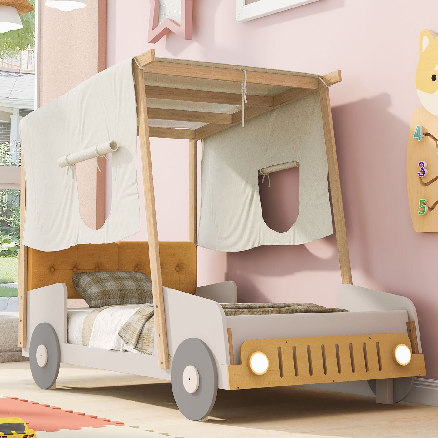 Twin size car bed with pillow and ceiling cloth, LED lights, natural finish by HouseOfZazla on Tampa Home & Garden Store