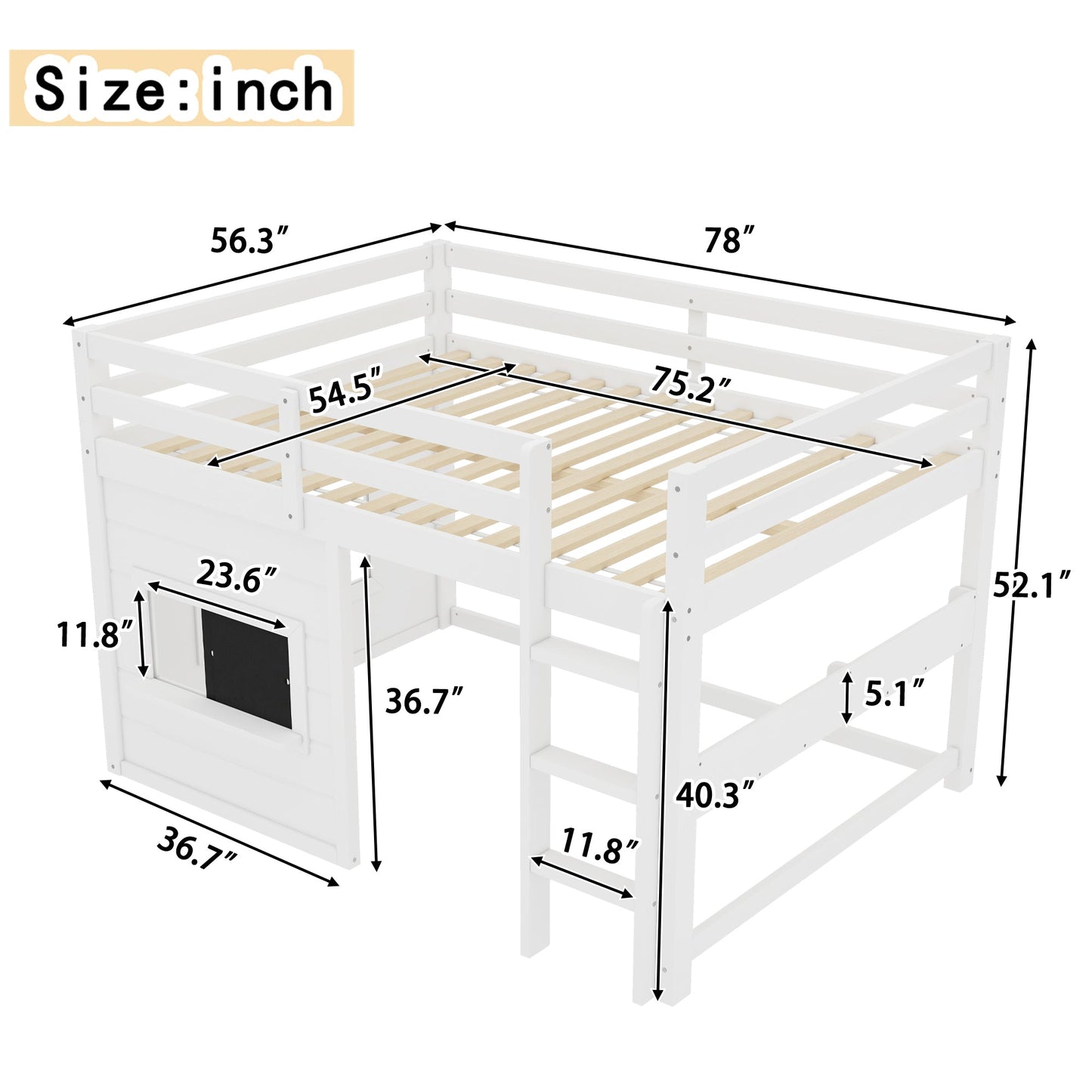 Full Size Loft Bed with Sliding Chalkboard & Bookshelf in white by HouseOfZazla on Tampa Home & Garden Store