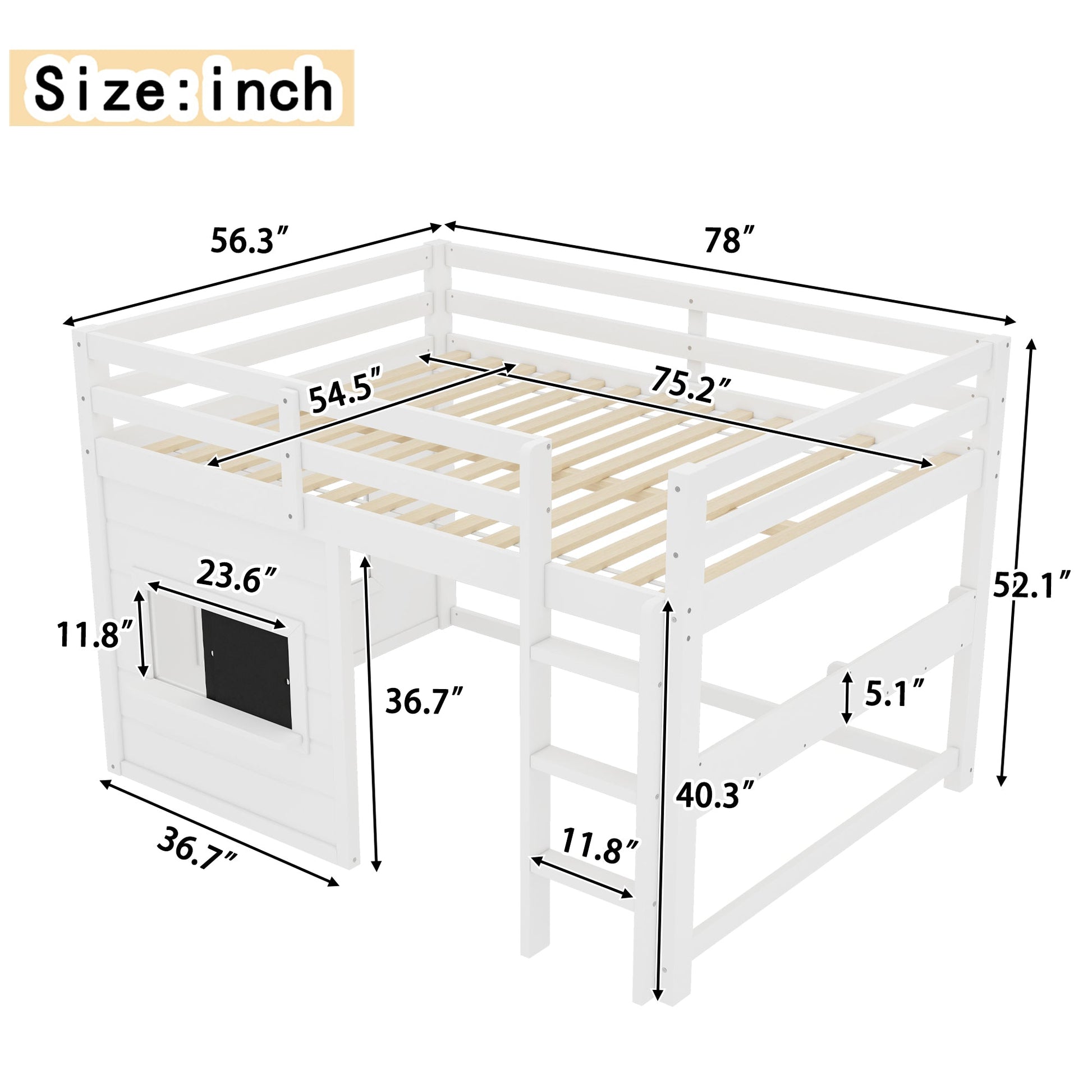 Full Size Loft Bed with Sliding Chalkboard & Bookshelf in white by HouseOfZazla on Tampa Home & Garden Store