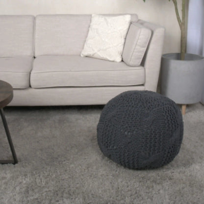 Bordeaux knitted round pouf, charcoal gray knit texture, accent seating on Tampa Home & Garden Store