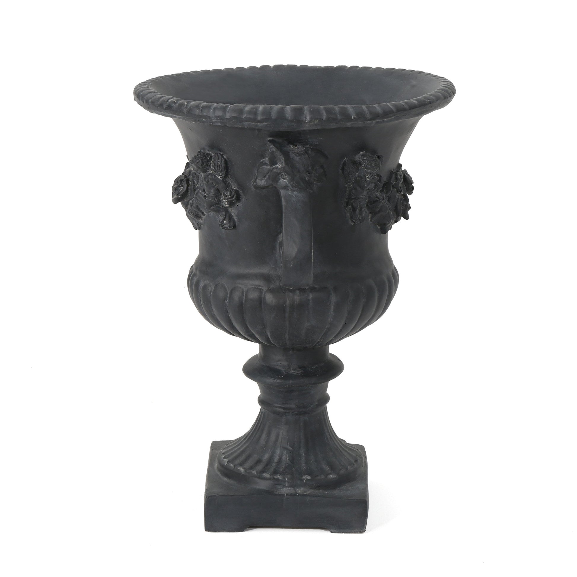 Buena Vista Urn planter in black with rope-edged rim and floral reliefs by HouseOfZazla on Tampa Home & Garden Store
