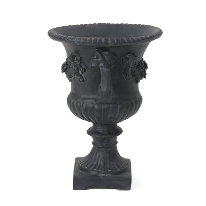Buena Vista Urn planter in black with rope-edged rim and floral reliefs by HouseOfZazla on Tampa Home & Garden Store