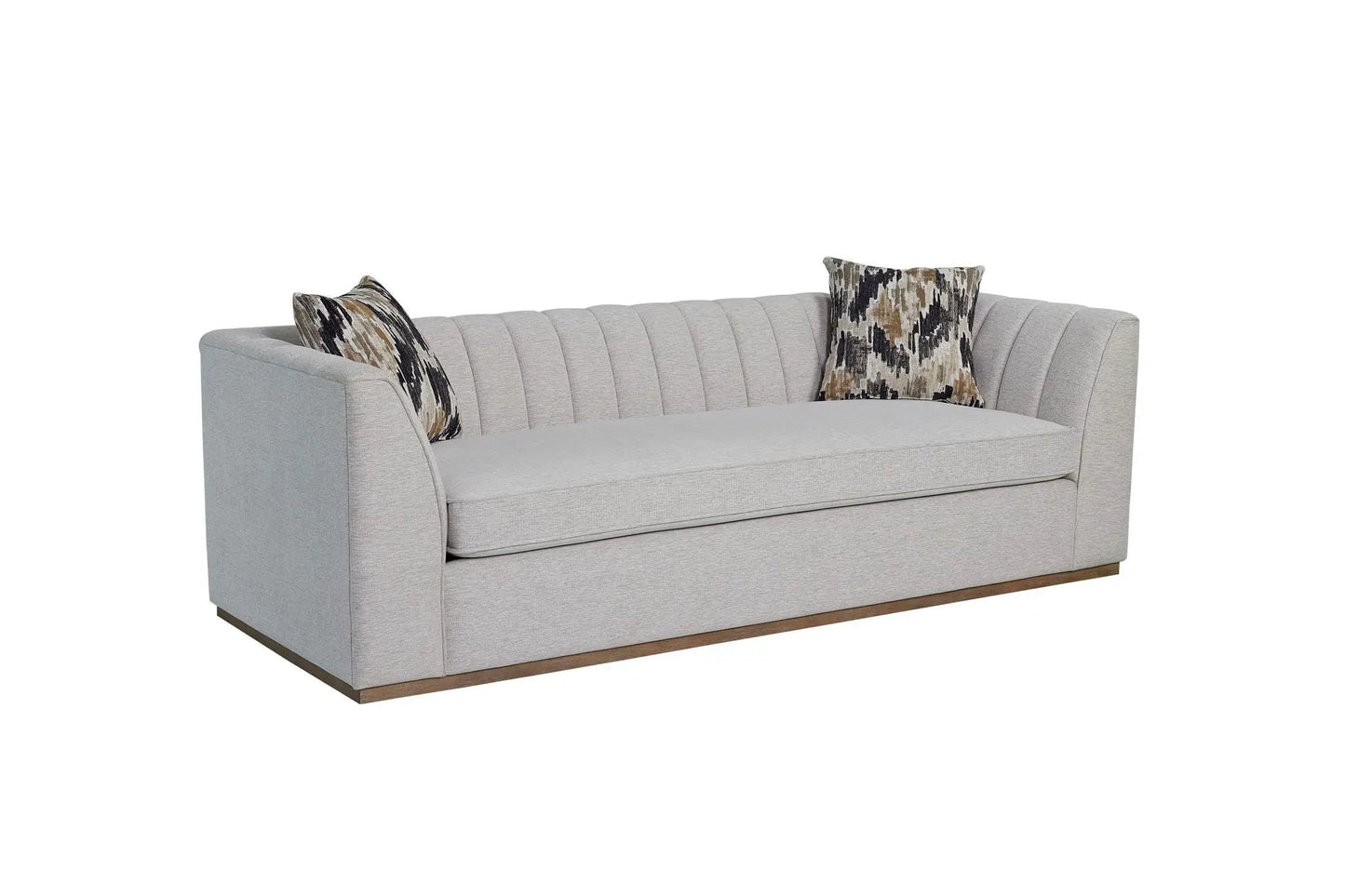 Channel sofa by Unique Piece Furniture off white, channel tufting, 2 pillows on wood base on Tampa Home & Garden Store