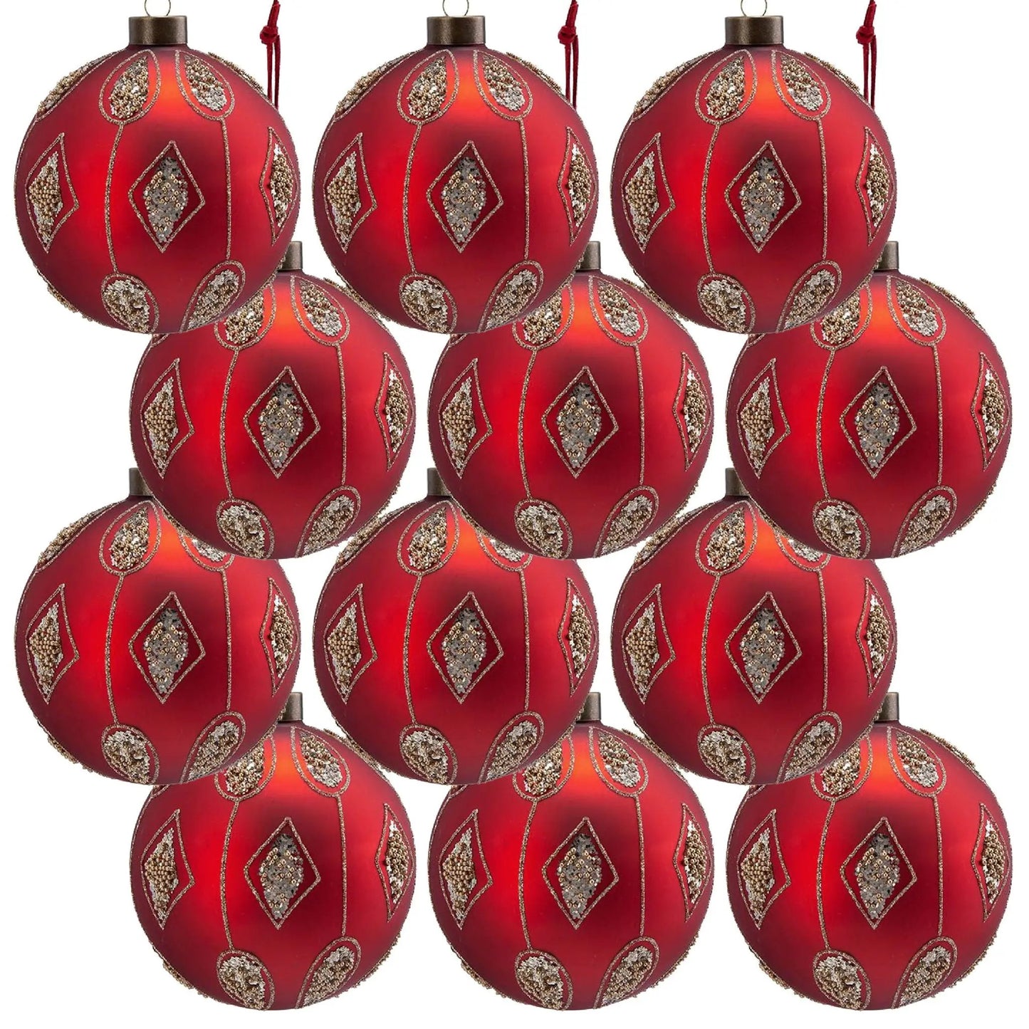 Group of red glass Christmas ball ornaments with gold sequin diamond motifs and hanging loops on Tampa Home & Garden Store