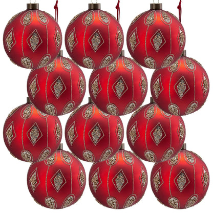 Group of red glass Christmas ball ornaments with gold sequin diamond motifs and hanging loops on Tampa Home & Garden Store