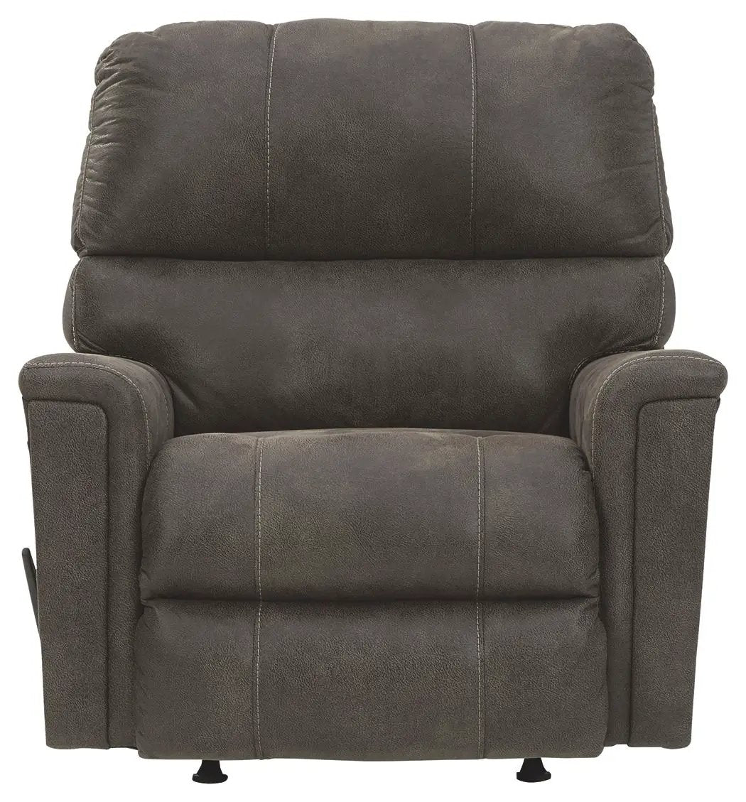 Navi Rocker Recliner dark brown leather-like upholstery with visible stitching on Tampa Home & Garden Store