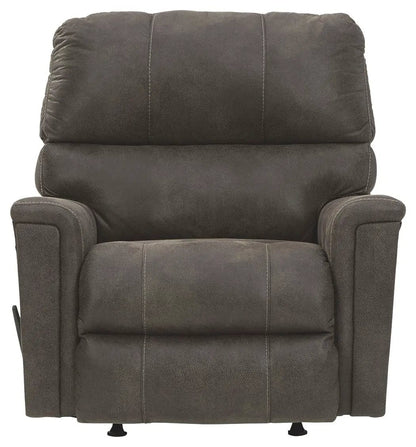 Navi Rocker Recliner dark brown leather-like upholstery with visible stitching on Tampa Home & Garden Store