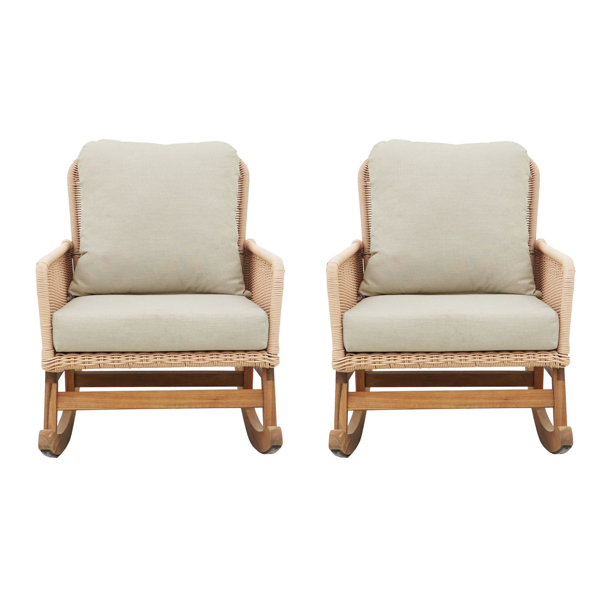 Minimalist Wicker Rocking Chair Set of 2 with beige cushions and wood frame HouseOfZazla on Tampa Home & Garden Store