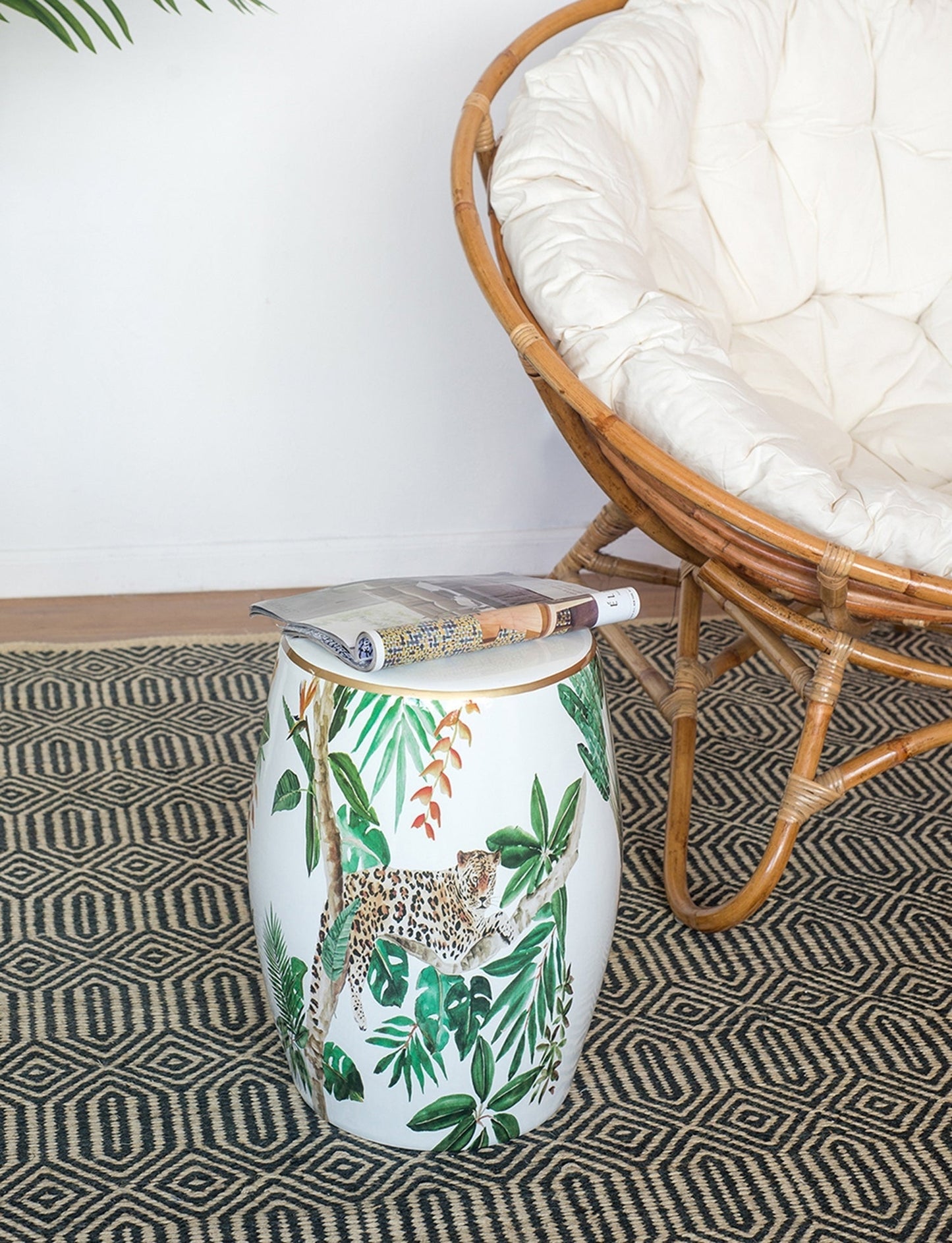 13x13x18 ceramic jungle-themed garden stool with leaves and leopard by HouseOfZazla on Tampa Home & Garden Store