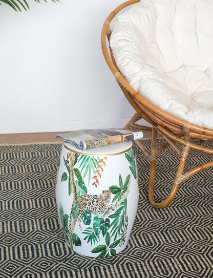 13x13x18 ceramic jungle-themed garden stool with leaves and leopard by HouseOfZazla on Tampa Home & Garden Store
