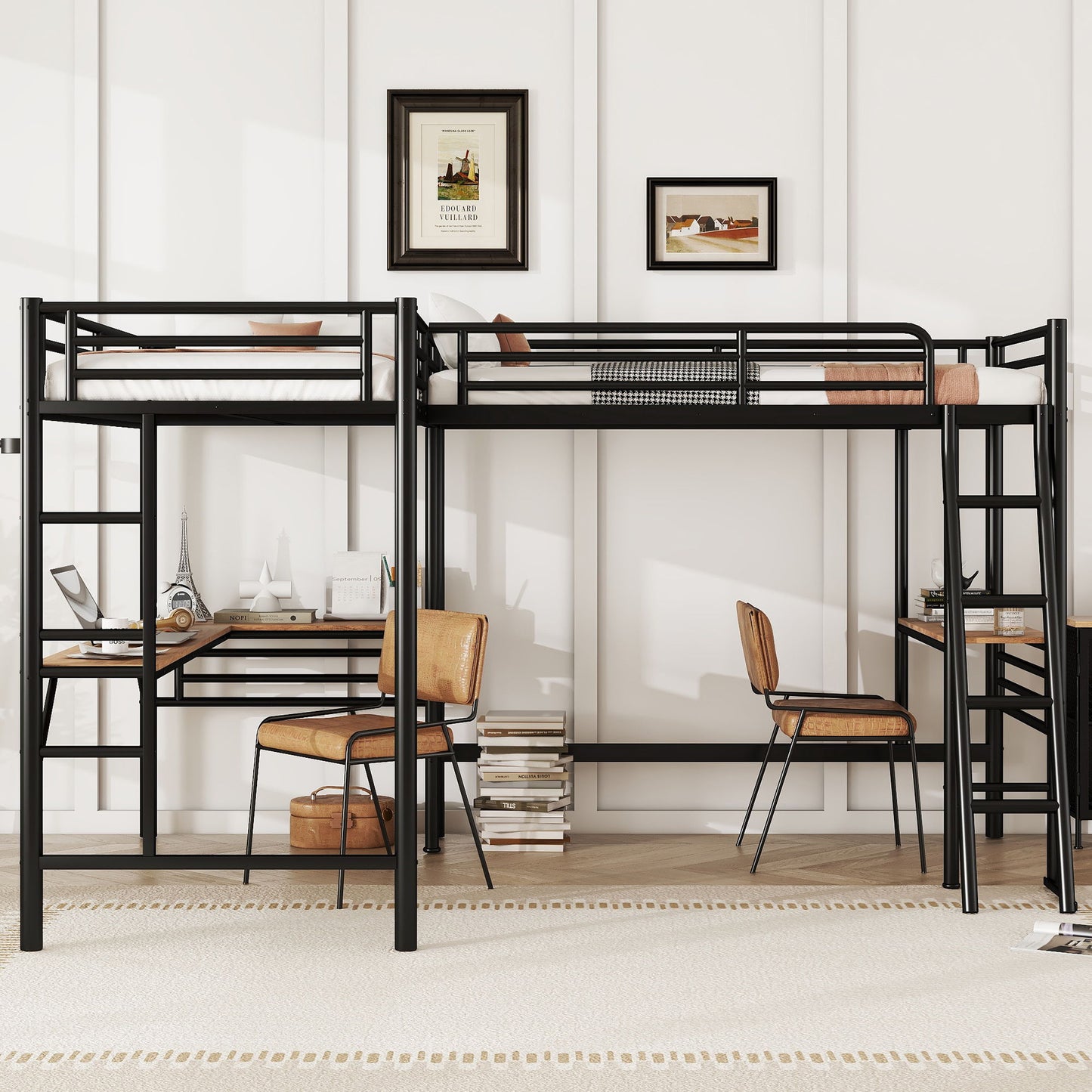 Black twin loft beds with 2 built-in desks in mission-style metal frames by HouseOfZazla on Tampa Home & Garden Store
