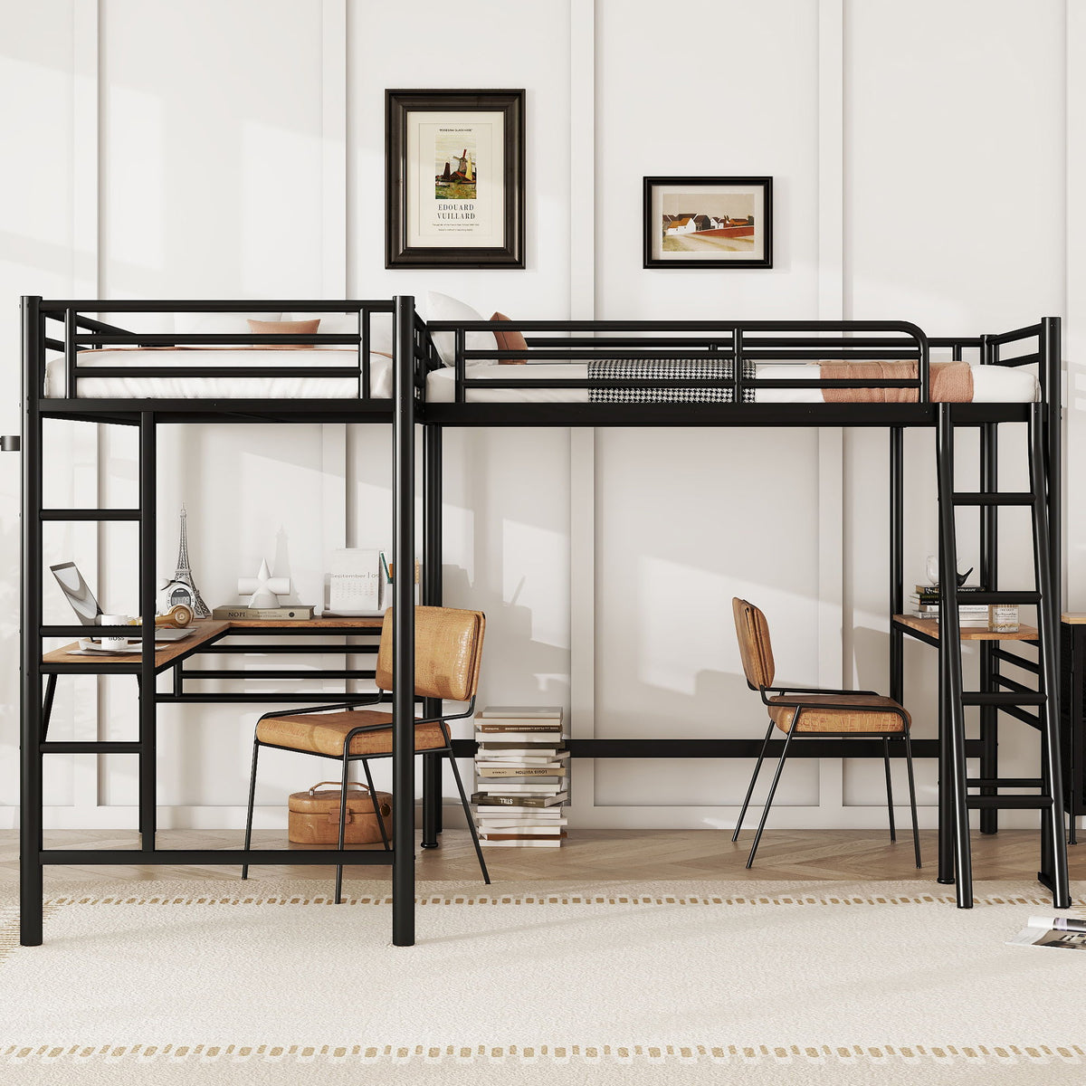 Black twin loft beds with 2 built-in desks in mission-style metal frames by HouseOfZazla on Tampa Home & Garden Store